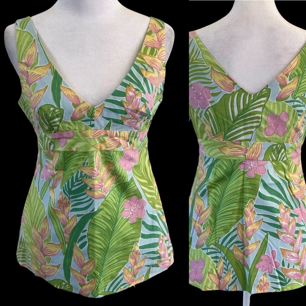 VTG Lilly Pulitzer Sleeveless Babydoll Tank Top V Neck Floral Tropical Y2K Sz 0
